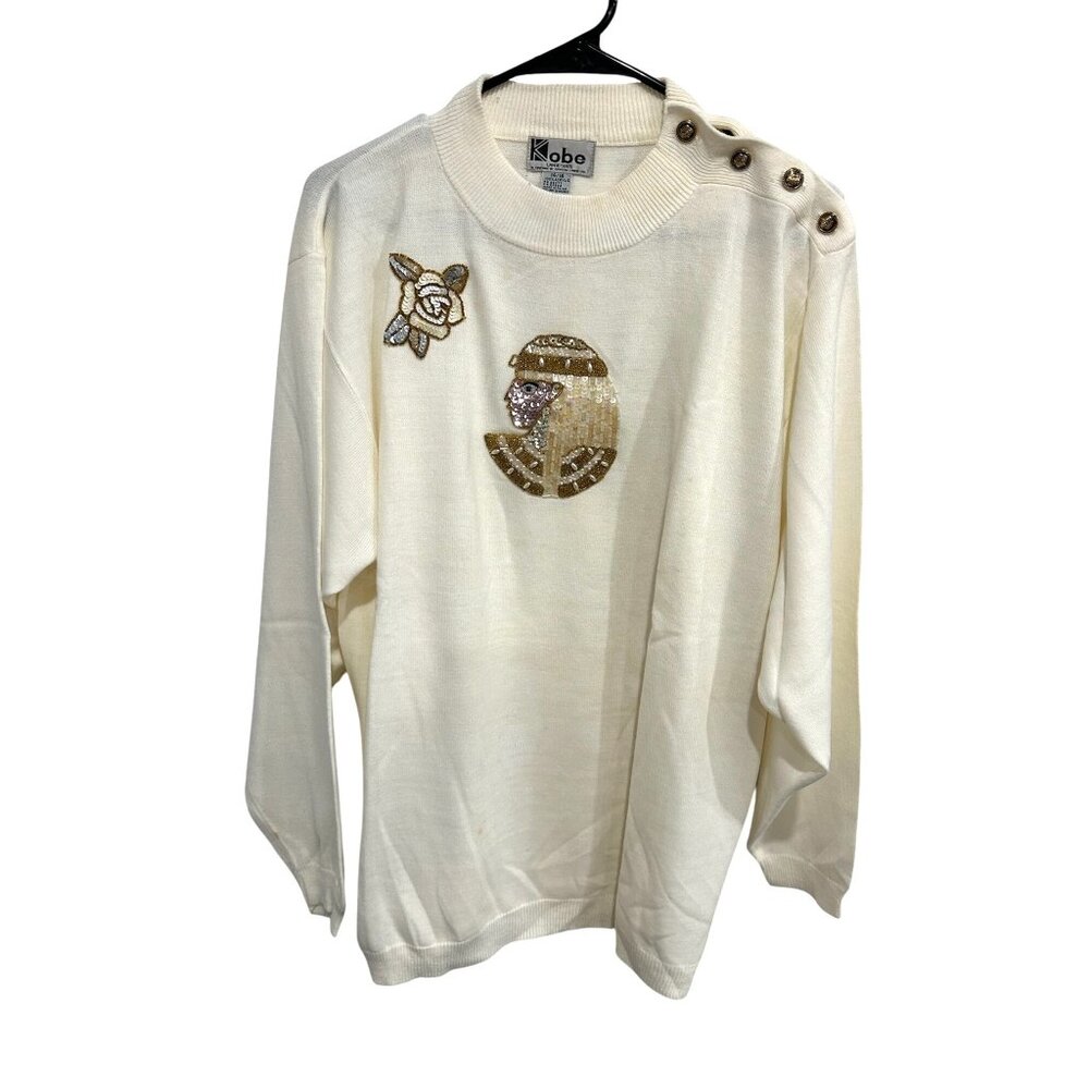 Vintage Kobe Sweater Button Shoulder Egyptian Sequin SZ 14